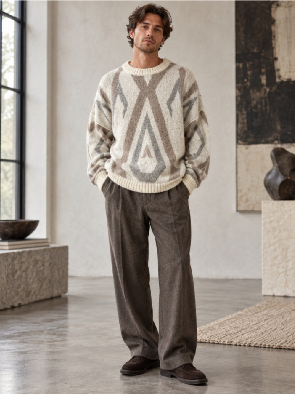 Claude Montana Sweater Men L Mohair Wool Geometric 80s Avant Garde Archive Cream